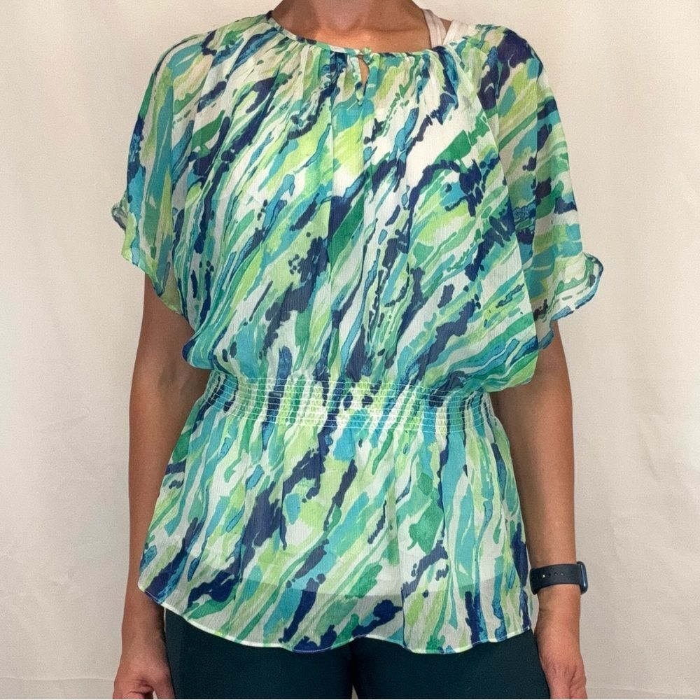 Women's Willi Smith XL Sheer Watercolor Blouse Tunic Dolman Sleeve Top